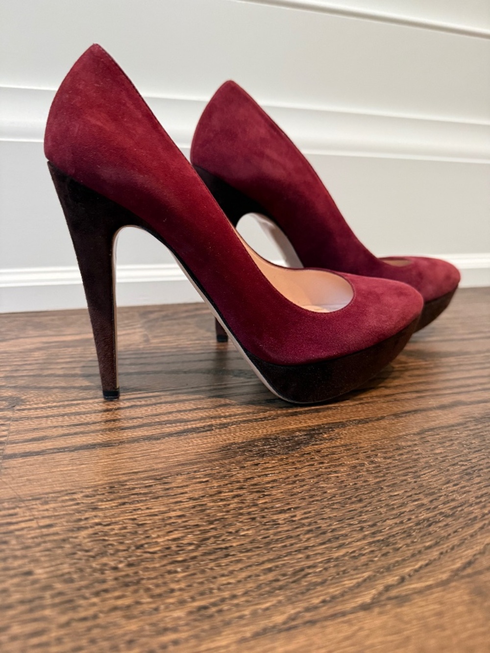 Miu Miu Suede Heeled Platform Pumps Merlot and Brown Colour